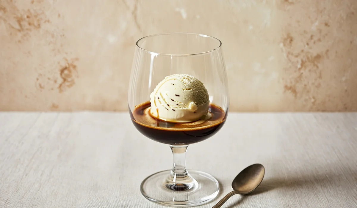 An affogato made with Elusa Coffee Liqueur poured over ice cream
