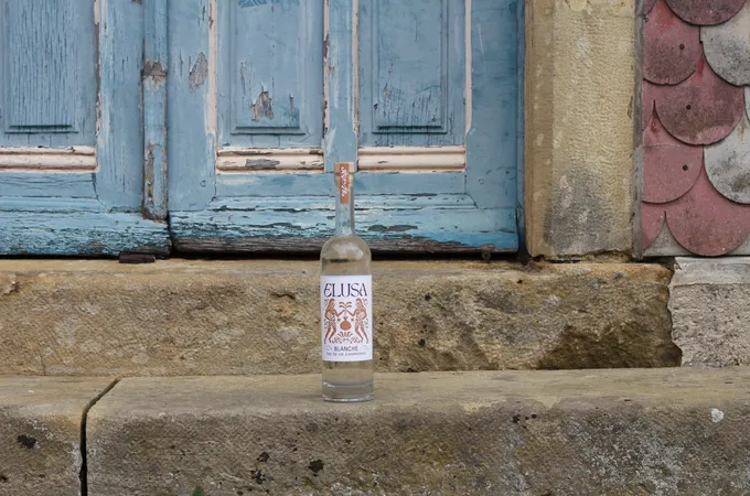 Elusa Blanche Armagnac bottle on the steps of a Gascon chateau