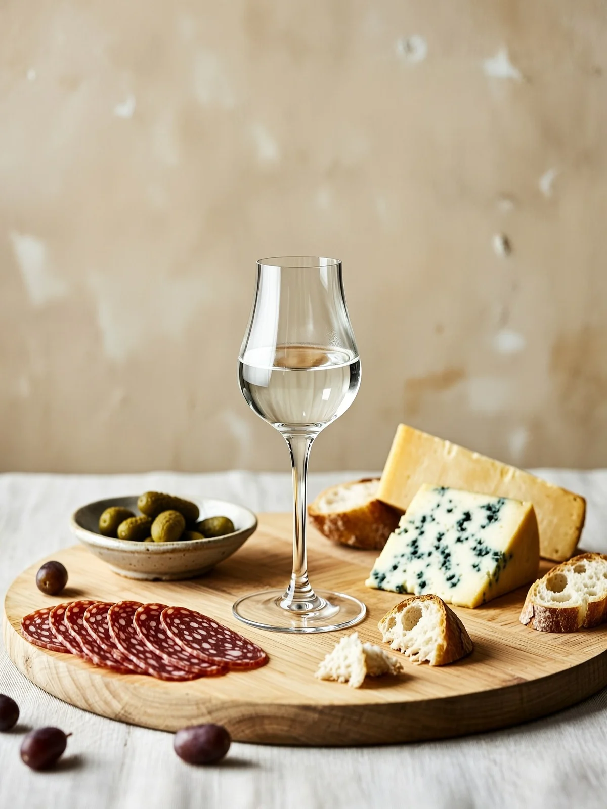 A board of cured meats, blue cheese, bread and olives with a glass of Blanche Armagnac