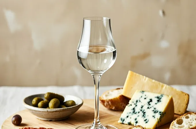 A board of cured meats, blue cheese, bread and olives with a glass of Blanche Armagnac