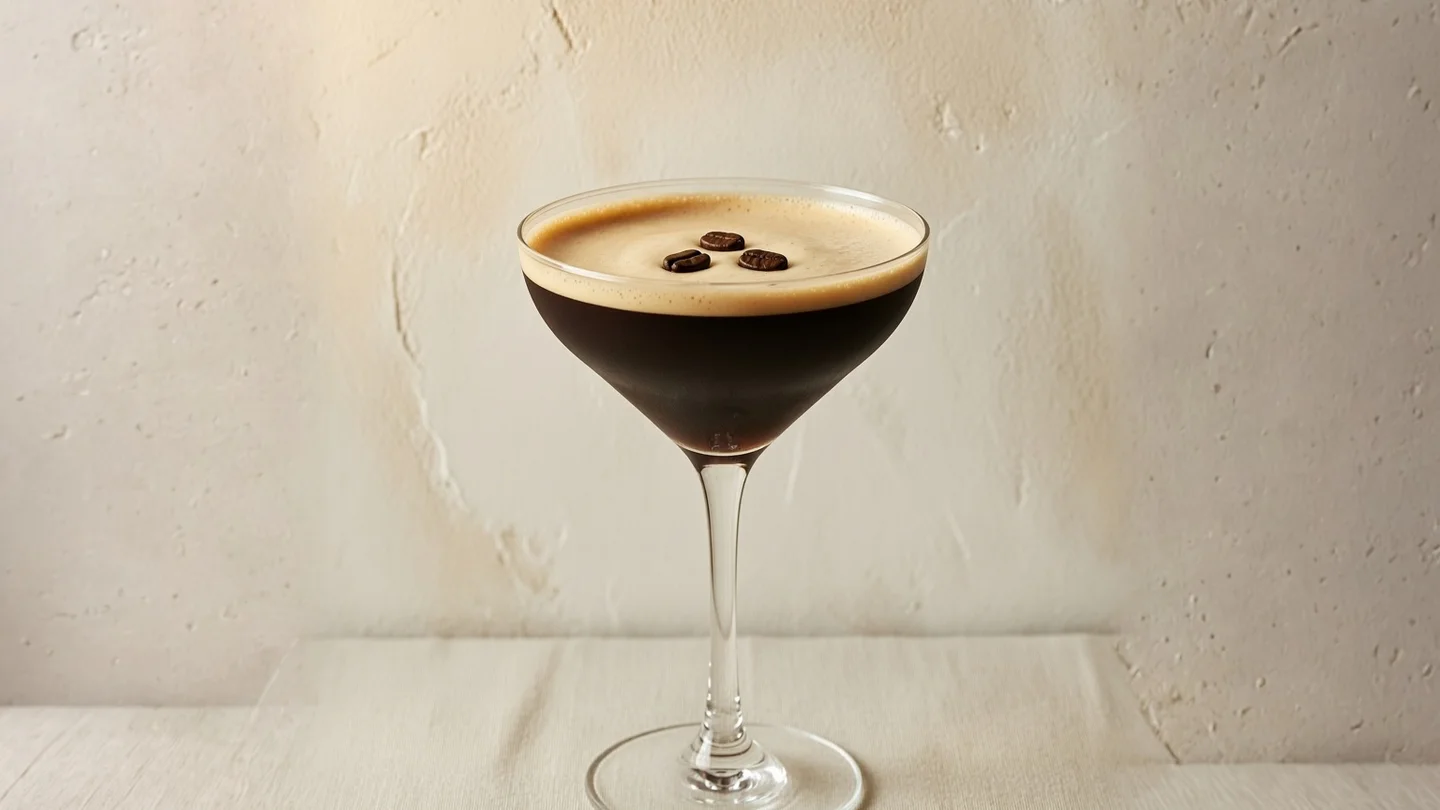 Espresso martini cocktail in a coupe glass with coffee bean garnish