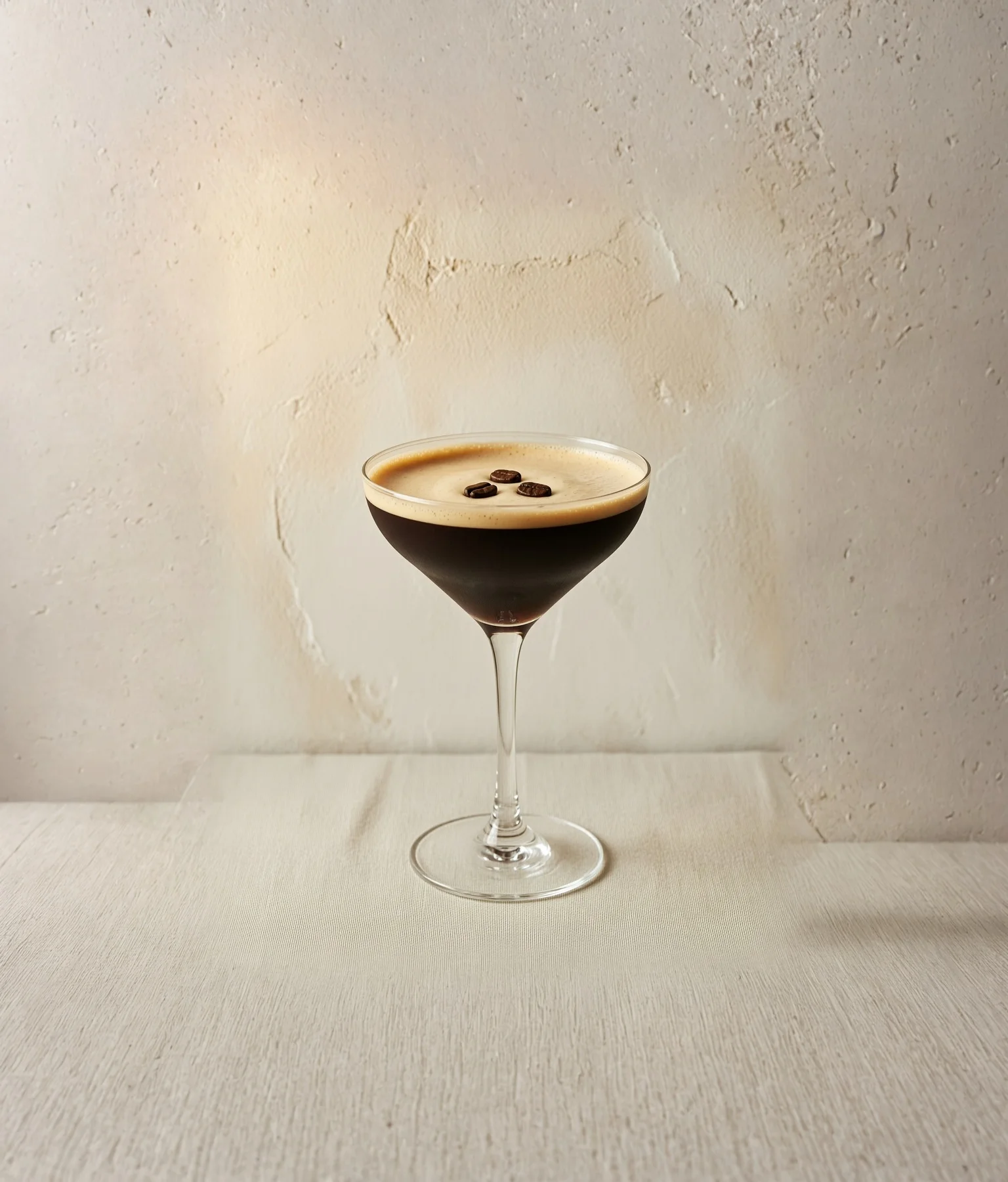 An Espresso Martini with a thick crema and three coffee beans, made with Elusa Coffee Liqueur