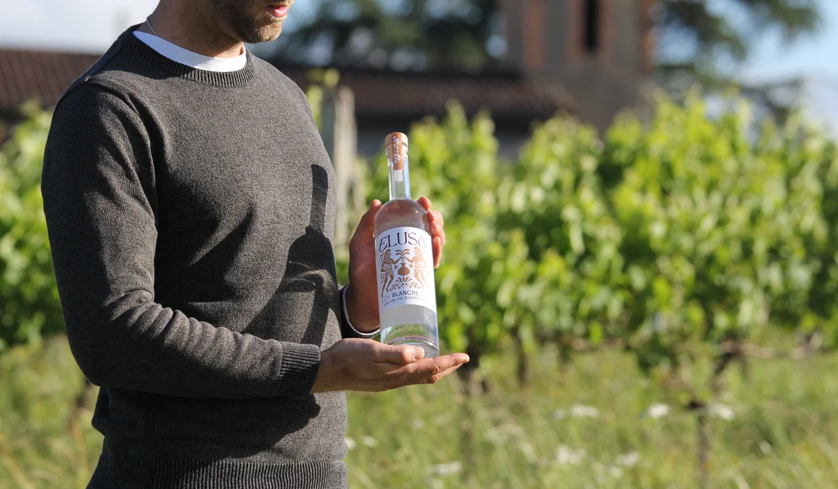 Will, founder of Elusa Drinks, holding a bottle of Blanche Armagnac in the Gascon vineyards at golden hour