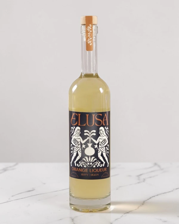 Elusa Orange Liqueur bottle with copper and white label