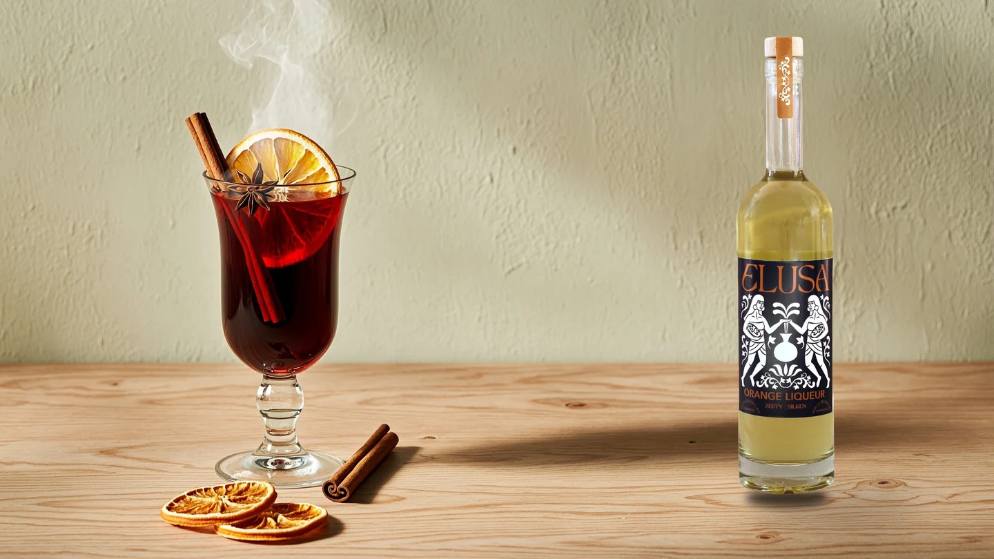 A steaming glass of mulled wine with orange, cinnamon and star anise beside a bottle of Elusa Orange Liqueur