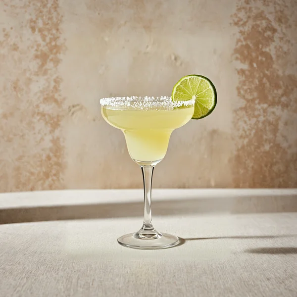 Orange margarita cocktail with salt rim and orange wheel garnish