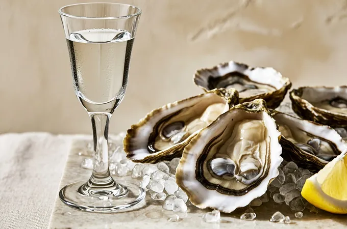 A chilled glass of Blanche Armagnac beside oysters on ice