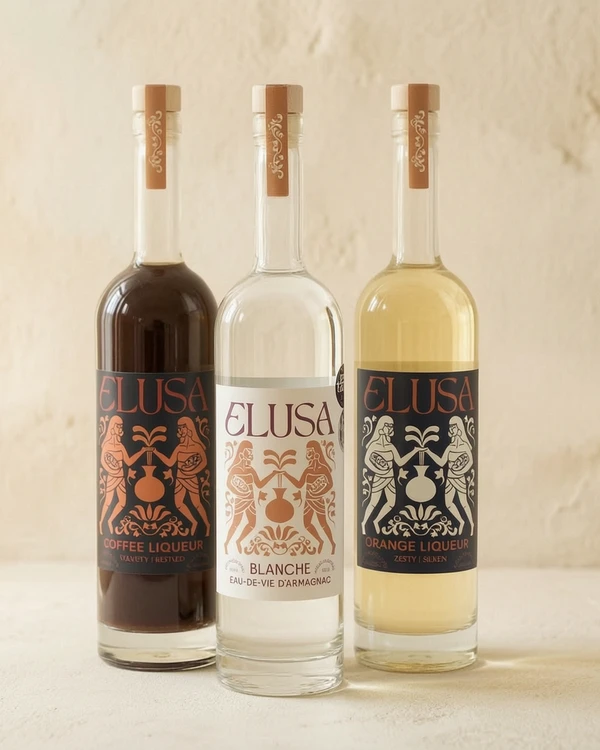 Elusa Blanche Armagnac, Coffee Liqueur and Orange Liqueur bottles